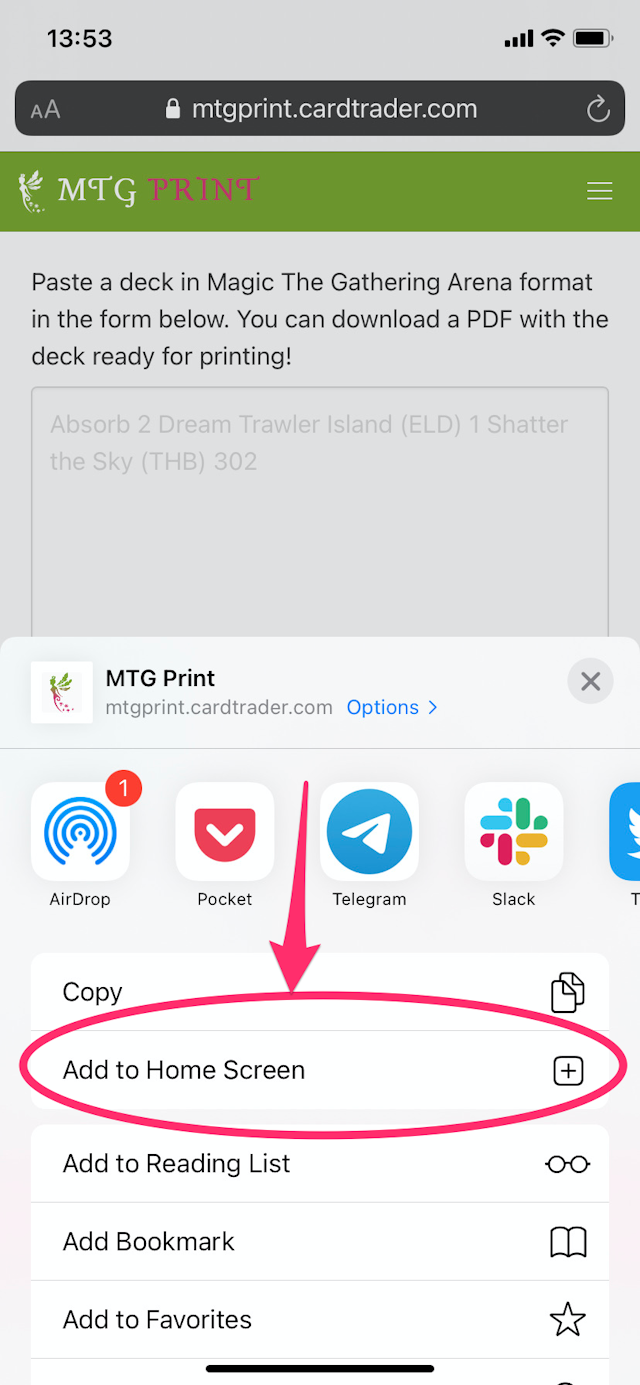 Install MTG Print as Progressive Web App from iOS Safari